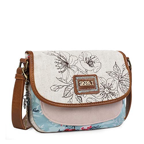 SKPAT - Bolso Bandolera de Mujer Pequeño. Cierre Cremallera y Solapa. Ideal para Diario. Lona Estampada y Cuero PU Polipiel. Incluye Llavero. Bordado. 301685, Color Beige