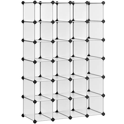 SONGMICS Estantería Modular de 21 Cubos de Zapatos, Estantería de Plástico, Organizador, Ahorro de Espacio, para Zapatos, Ropa, Juguetes, Fácil Montaje, 135 x 36 x 135 cm (Trapecio), Blanco LPC460W01