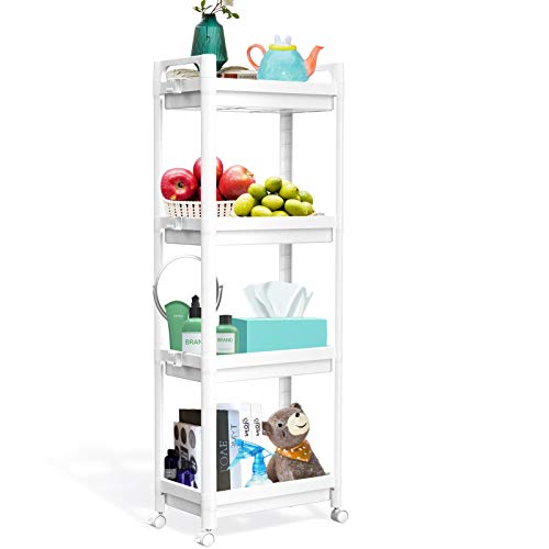 SPACEKEEPER Carro de Almacenamiento de 4 Niveles Carro de Utilidad rodante Unidad organizadora de estanterías móviles para Cocina Baño Lavandería Oficina, Plástico, Blanco