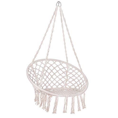 SPRINGOS Columpio colgante con flecos, diseño de macramé, de algodón, con cuerdas y anillas, para exterior e interior (beige)