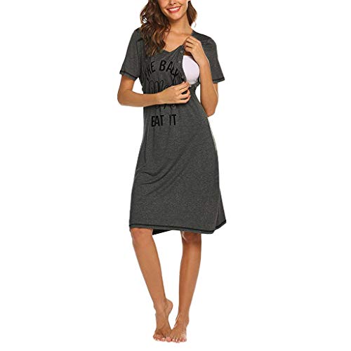 STRIR Camisón Lactancia Hospital Mujer Pijama Maternidad Manga Corta Camison Embarazada Encaje Ropa para Dormir Premamá Verano (L, Gris Oscuro)