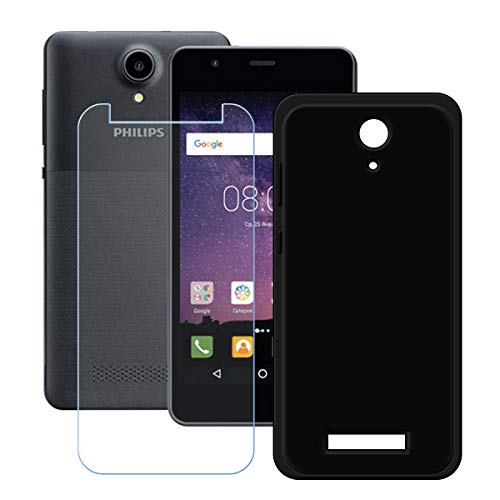 szjckj Funda para Philips S318 + 1 x Protector de Pantalla, Case Cover Carcasa Bumper Negro Clear TPU Silicone Cristal Vidrio Templado para Philips S318 (5,0").