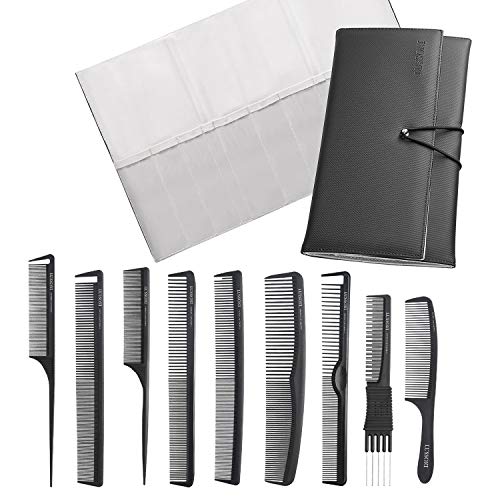 T4B LUSSONI Set De 10 Accesorios Profesionales De Peluquería Incluye 9 Peines De Carbono Para Corte Y Peinado Con Funda, Antiestático, Ergonómico, Resistente Al Calor