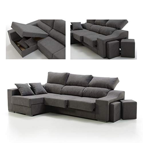 Tanuk Sofá Chaise Longue 4 Plazas Gris Marengo Sultan Izquierda 260x150 Asientos Extensibles Arcón y 2 Puffs Desenfundable Sistema de Limpieza ACUALINE (Envío y Subida a Domicilio Incluidos)