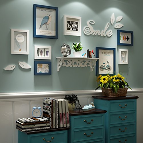 Ting- 8 Multi Photo Frames Set Estilo nórdico Sala de Estar de Madera Rural Foto Cuadro Cuadro de Pared Pintura combinada (Color : Azul+Blanco)