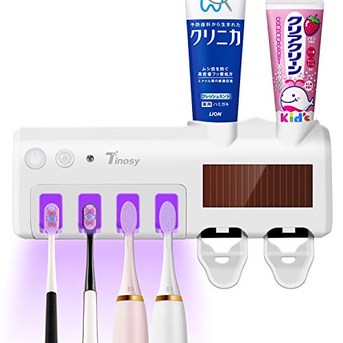Tinosy Portacepillos eléctrico esterilizador UV portacepillos 3 perlas de lámpara germicida de LED UVC, 2 dispensadores de pasta de dientes, USB, carga solar, soporte para cepillos de baño