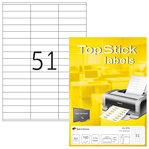 TopStick 8779 - Etiquetas autoadhesivas universales A4 pequeño (70 x 16,9 mm, papel) 100 hojas, 51 etiquetas por hoja, 5100 etiquetas, para impresoras inkjet y láser