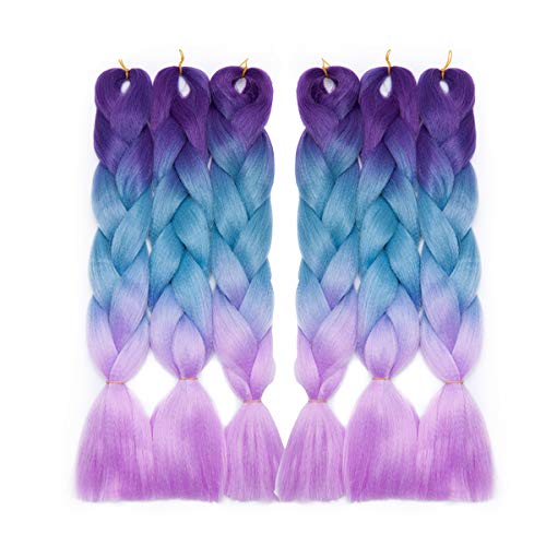 Trenza Extensión del cabello Trenzado largo Trenzas falsas Trenzas Cabello Trenzas Extensiones de cabello 600g / 6 paquetes, Shatush 60cm Tres tonos # Púrpura/Azul/Púrpura claro