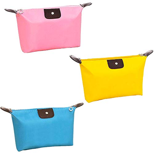 TRIXES Paquete de 3 Bolsas de Aseo para de Viajes Plegables - Organizadores de Maquillaje Forma de Bollo de Masa - Estuche Cosméticos Portátil - Bolsa para Lavado en Colores Rosa, Amarillo y Azul