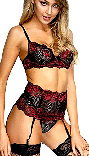 UMIPUBO Lencería de Mujer Bragas Transparentes de 3 Piezas Liga Ropa de Dormir Hueca Tirantes Sujetador de Encaje y Ligas y Tanga Lencería erótica en V Profunda Pijamas Trajes de muñeca (XL, Rojo)