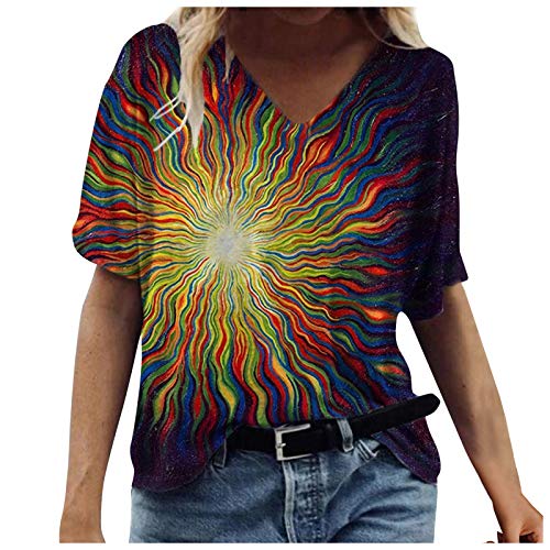 VEMOW Camiseta de Mujer Manga Corta Cuello en V, 2021 más Reciente Moda Estampado Basica Clásico Camiseta Suelto Blusas Camisas Tops Verano Tops Casual Fiesta Original T-Shirt Plus Size(D Negro,3XL)