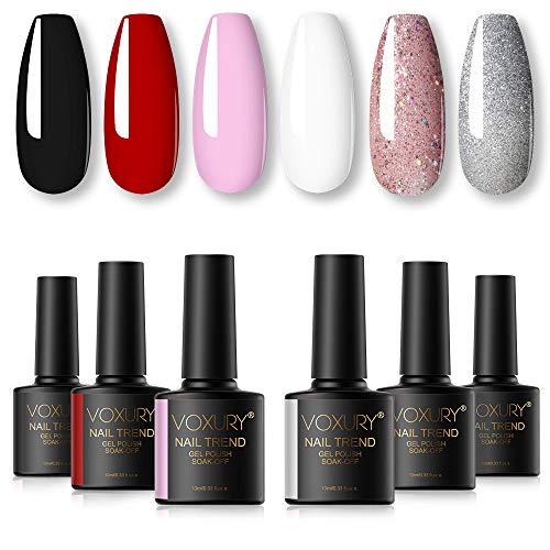 VOXURY Esmalte Semipermanente Kit, 6 Colores Negro Blanco Rosa Esmalte en gel Soak Off UV LED Juego de manicura Requiere secado debajo de la lámpara de uñas 10ML