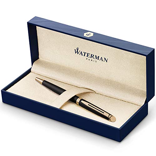 Waterman Hémisphère bolígrafo, con adorno de oro de 23 quilates, punta media con cartucho de tinta azul, estuche de regalo, color negro mate