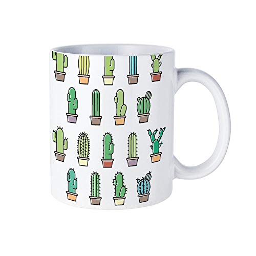 Wendana - Juego de tazas de té de cerámica, diseño de iconos de cactus (12 onzas), color blanco