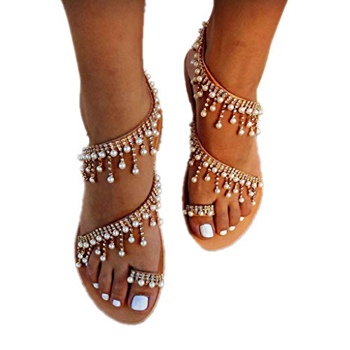 WggWy Sandalias Perlas Talla Grande, Sandalias con Cuentas Fondo Plano para Mujer Verano Sandalias Planas Punta Redonda Moda Retro Todo Fósforo Casual De Color Caqui Sexy Sandalias De Playa,42