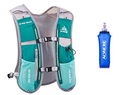 Win.Deeper Profesional Hombre Mujer 5L Chaleco de Hidratación Ligero Superior Mochila para Trail Running Ciclismo (Hellblue con 500ML Botellas de Agua Blandas)