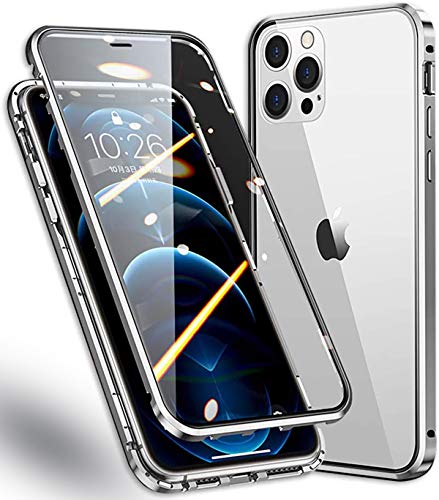 WMCOVER Funda iPhone 12/12 Pro Magnética Funda,iPhone 12 Pro 6.1" Carcasa Protectora de Cuerpo Completo 360° Cristal Templado Cover con Protector de Pantalla,Antigolpes Rugged Metal Bumper Case,Plata