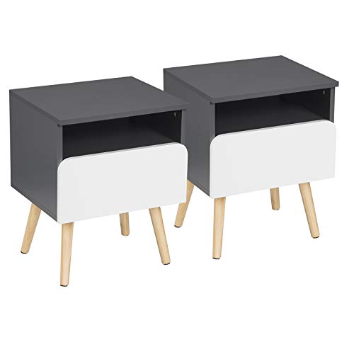 WOLTU Mesita de Noche Mesa de Centro con Cajón y Organizador Abierto, con Patas de Madera, Mesa para Cama café Dormitorio Blanco 40x33,5x50cm TSR58gr-2