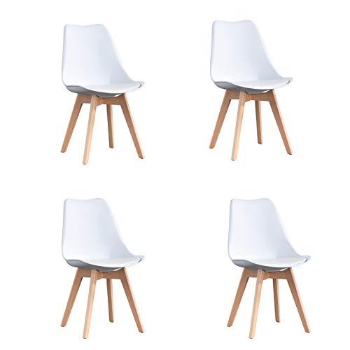 WV LeisureMaster Pack de 4 Tulip Comedor/Silla de Oficina con Las Piernas de Madera de Haya Maciza, Blanco