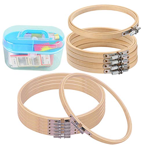 Xumier 11pcs Juego de Aros de Bordado de Madera Redondo Anillo de bambú ajustable Embroidery Hoops + Costurero pequeño multifuncional para Manualidades DIY Costura