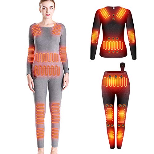 Yeah-hhi Ropa interior térmica de invierno traje de 12 zonas calefacción camisa larga+pantalones con 28 piezas imán de energía inteligente DC interfaz calentador de cuerpo ropa, mujer ~ gris, L