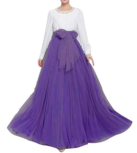 YULUOSHA - Falda de tul larga para mujer, longitud hasta el suelo, con lazo, talle alto, para bodas, fiestas, noche Morado Morado ( 48/56 ES/más