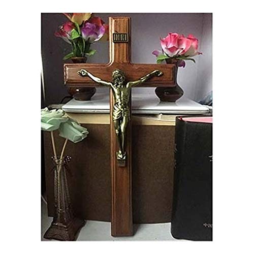 YUNGYE 40 * 20cm Colgar de la Pared de Madera Final de Plata Cruz de Bronce crucifijo Jesucristo Antiguo Jesús en la Cruz Capilla de Casa Decor Regalo religioso