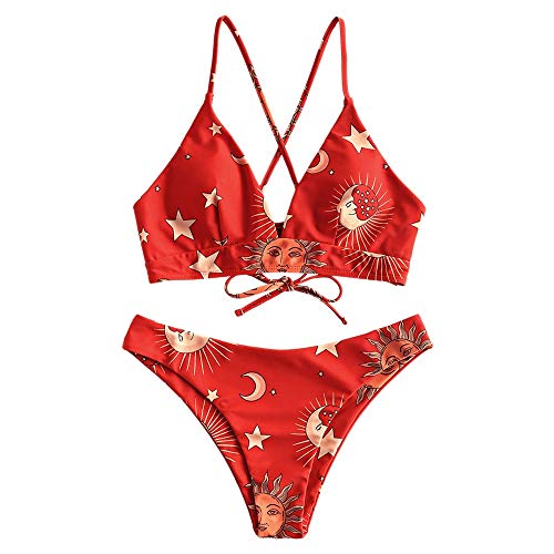 Zaful - Bikini de baño trenzado con estampado, sujetador acolchado sin costuras, braguita con cintura baja X-multi-a M