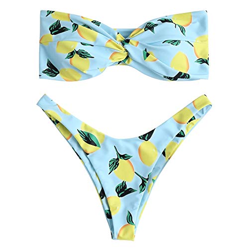 ZAFUL - Bikini tipo bandeau con estampado de piña sin tirantes, corte alto, para mujer Limón Cielo Azul M