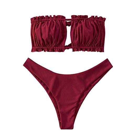 ZAFUL Conjunto de bikini para mujer, banda sin tirantes con cordón, traje de baño de color liso Rosso Vivo S