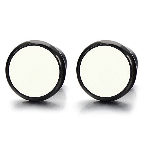 12MM Círculo Negro Blanco, Enchufe falso Fake Plug, Pendientes de Hombre Mujer, Aretes, Acero, 2 Piezas