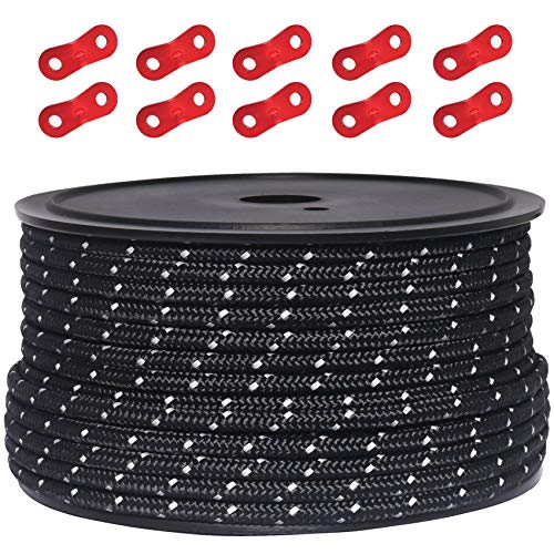 50 metros de cable reflector, cable de campamento exterior, cuerda de guía de 100 % nailon, cuerda enrollada de 10 tensores de aleación de aluminio para campamento (negro, diámetro de 5 mm)