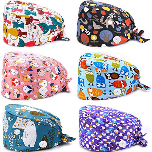 6 Piezas Gorros Matorrales con Botón y Banda de Sudor de Algodón Gorro Bouffant Impreso de Unisex Turbante Pañuelo de Cabeza