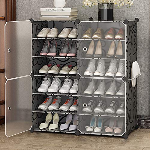 6-tercero Apilable Gabinetes Independientes De Almacenamiento De Portabicicletas,Gran Capacidad Estante De Almacenamiento Del Estante De Los Zapatos Con Estanterías Ajustables Y Pu-Negro. 85x32x96cm