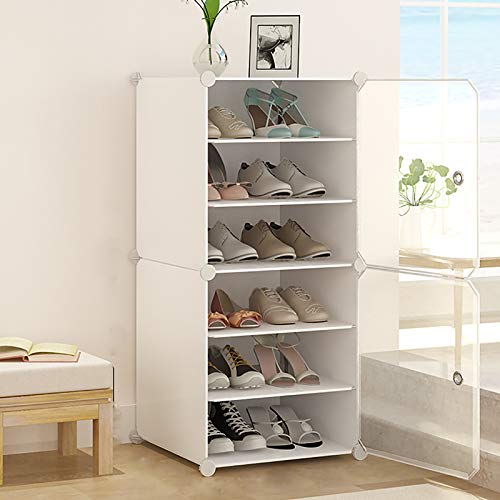 6-tercero Estantes De Zapatos De Pie Libre,Gabinetes De Almacenamiento De Zapatos Con Estanterías Ajustables Y Puerta,Apilable Gabinete Modular Estante Zapatero Para Dormitorio-Blanco. 44x32x96cm(17x1