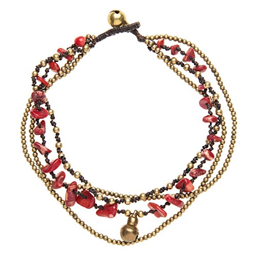 81stgeneration Tobillera Pulsera de Tobillo Mujeres Coral Rojo Oro Latón Campana