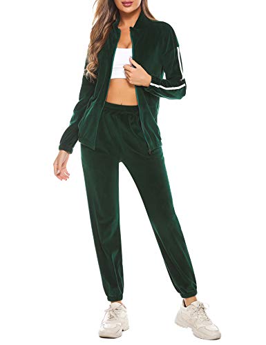 Aibrou Conjunto Chándal de Mujer Sudadera con Cremallera y Pantalones,Trajes Deporta de 2 Piezas, Pantalones Deportivos con cordón, Corredores,Pijamas (Verde Oscuro#2, XL)