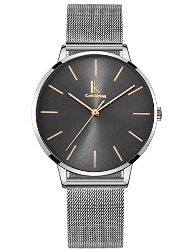 Alienwork Reloj Mujer Plata Banda de Malla Metálica Gris Ultra-Delgada