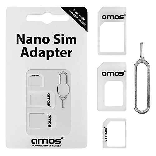 AMOS 4 en 1 Adaptador Convertidor de Tarjeta Nano SIM a Micro SIM y SIM Estándar para iPhone 6 5 4 4S 3G 3GS iPad 1,2,3 Teléfon Móvil Tablet Smartphone + Gratis iPhone Llave Abridor Expulsor Herramienta de Extraccion de Bandeja SIM de Salida