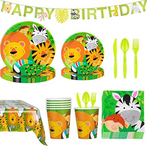 Amycute 118 piezas de animales de la jungla para decoración de la mesa, incluyendo pancartas, platos, vasos, mantel, niños, cumpleaños de EE. UU. y artículos desechables.