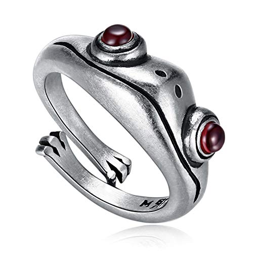 Anillo de Rana de Plata de Ley 925 Vintage con Granate Esmeraldas Rojo, Regalo de Anillo Abierto Ajustable de Dedo de Rana Lindo Femenino, Adecuado para el día de San Valentín/joyería de cumpleaños