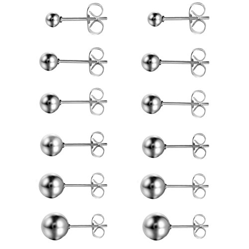 Aron Cent Hombre Mujer Pendientes, 6 pares (12pcs) 3 ~ 8 mm Pendientes de bola, acero inoxidable, Plata