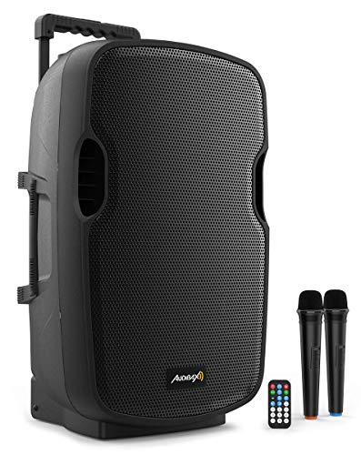 Audibax, Altavoz DENVER Combo PORT 15" VHF - Altavoz Bluetooth, Sistema Transporte Trolley, Recarga por Batería mas Cable 12 V, 2 Microfonos Inalámbricos, Color Negro, Medidas 485 x 445 x 740 mm