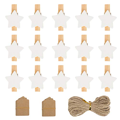 BAMZOK 100 Clips Decorativos para Fotos Clips de Madera Blancos Clips Decorativos para Manualidades con Forma de Estrella pequeña para Marcos de exhibición Cuadros para Colgar en la Pared Bricolaje