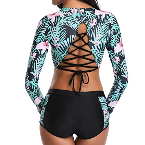 Bañador Deportivo Mujer, Dragon868 Estampado Tropical de Conjunto de Ropa de Baño Manga Larga Bañador y Shorts Bermudas Swimsuit Traje de Surf Traje de Neopreno para Verano