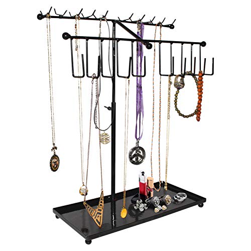 BELLE VOUS Soportes para Joyas - (42x29cm) Soporte Expositor de Joyas Metal con Bandeja Almacenamiento y 30 Ganchos - Ajustable Organizador Colgante para Collares, Pendientes, Relojes (Negro)