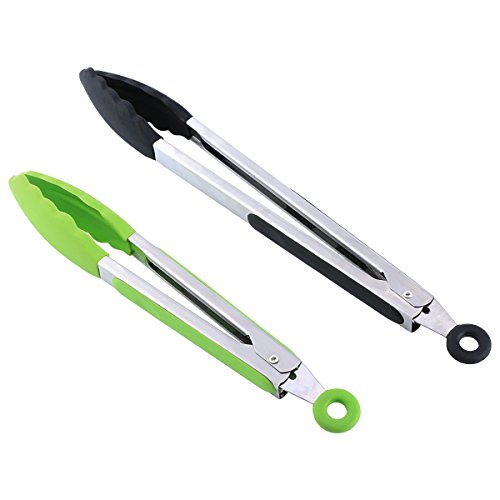 Belmalia 2x Pinzas Barbacoa Silicona Set 23 cm + 30 cm, Tenacillas Cocina, Cocinar, Carne, Ensaladas, Pasta, Wok, Verde + Negro