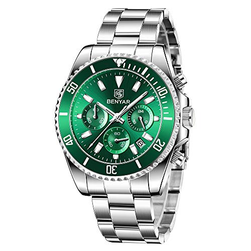 BENYAR Reloj para Hombre Cronógrafo Análogo Movimiento de Cuarzo Correa de Acero Inoxidable Impermeable 30M Dail Verde con Fecha Reloj de Pulsera para Hombre Luminoso Casual & Negocio