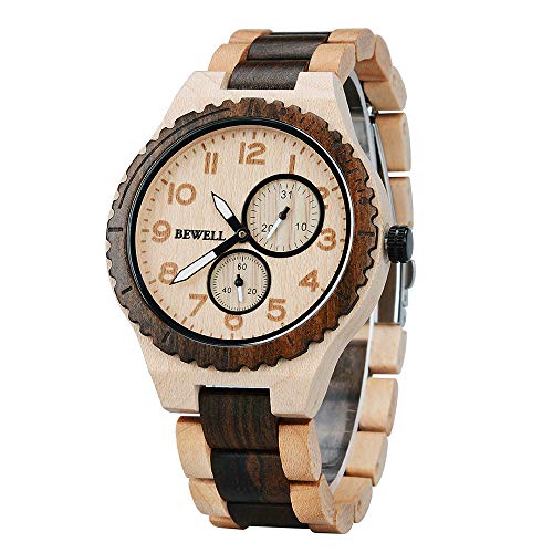 BEWELL Relojes Madera Hombre Analógico Cuarzo Japonés con Correa de Madera Fecha Calendario Luminosidad Casual Relojes de Pulsera (Beige & Negro)