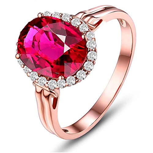 Beydodo Anillos de Oro Rosa Mujer 18 k Halo Oval Turmalina Roja Blanca 3.5ct Anillo Talla 17